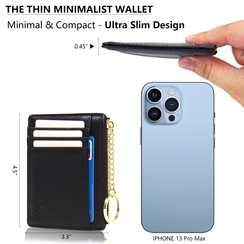 Valentoria Slim RFID Blocking Card Holder Small Pocket Wallet Keychian Zipper Coin Purse Minimalist Leather Cash & Coin & Cards Case for Women Men (Black) - Image 5